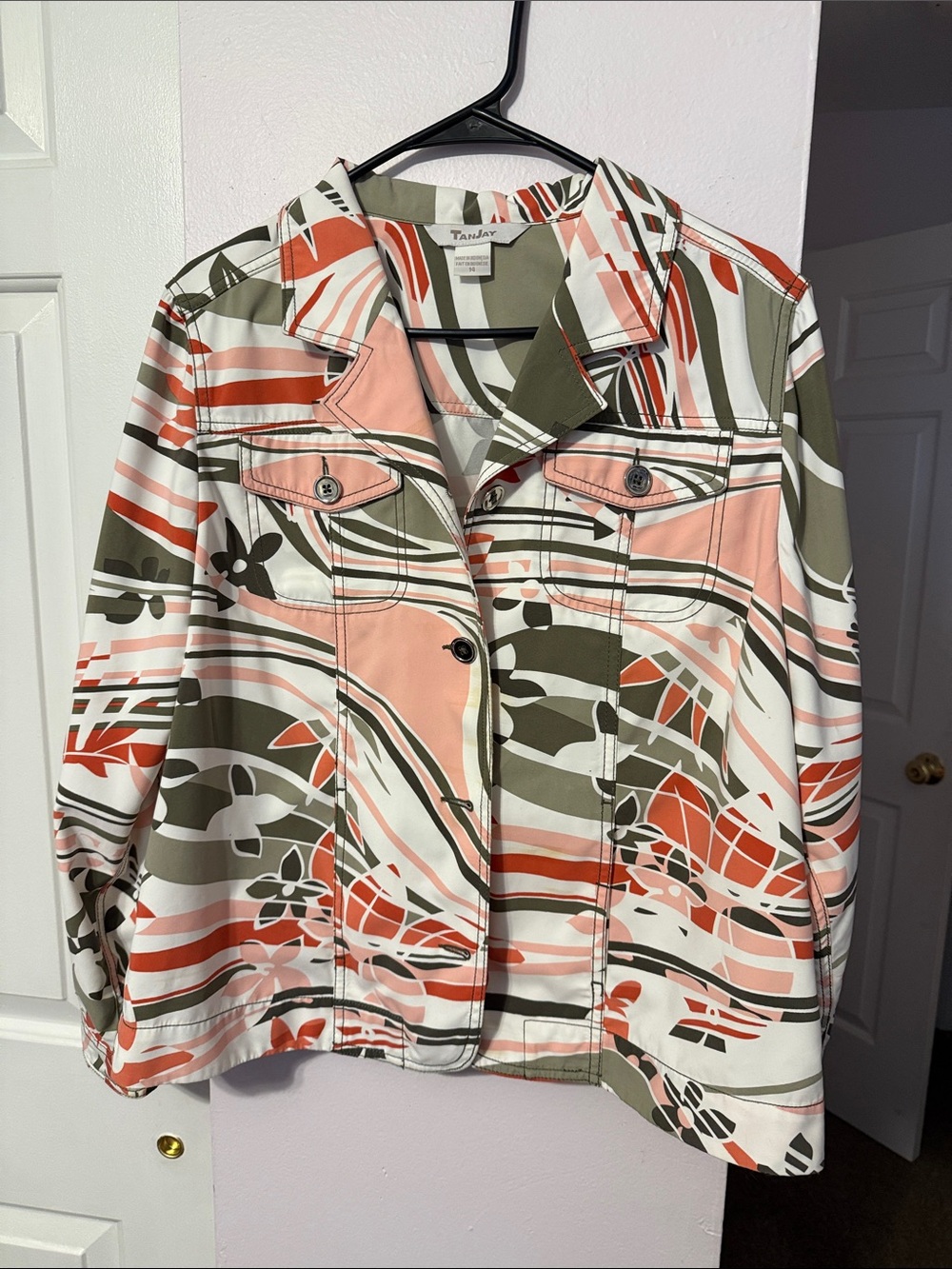 TanJay Womens Coral Olive White Abstract Floral Stripe Cotton Jacket Size 14
